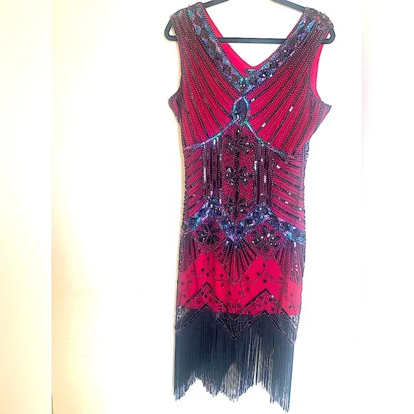 ZEAGOO 1920’s Flapper Dress-Size (10-12)/L-Dior Red/Blk - Picture 2 of 6